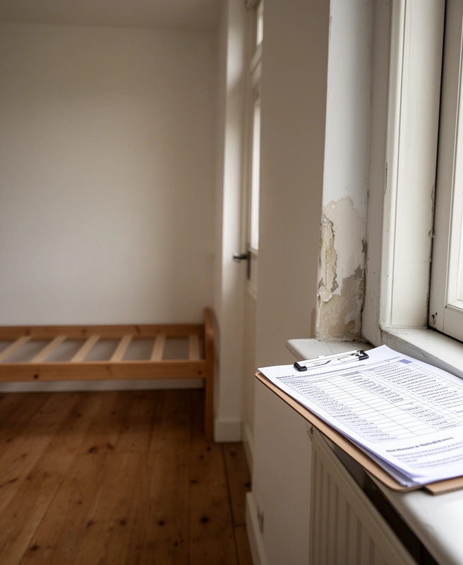Entry inventory form on a clipboard in an empty student room
