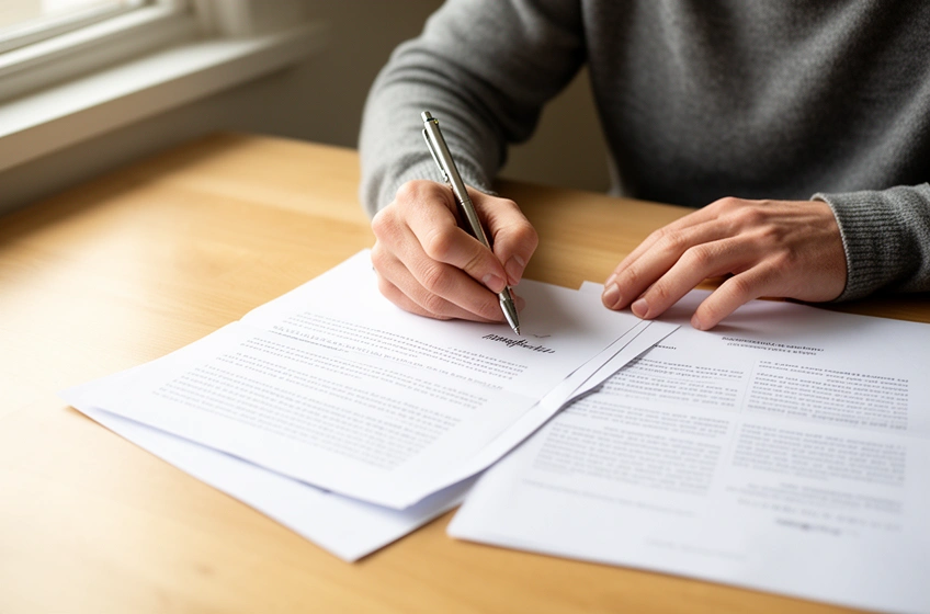 Hand signing an engagement letter next to a printed fee sheet