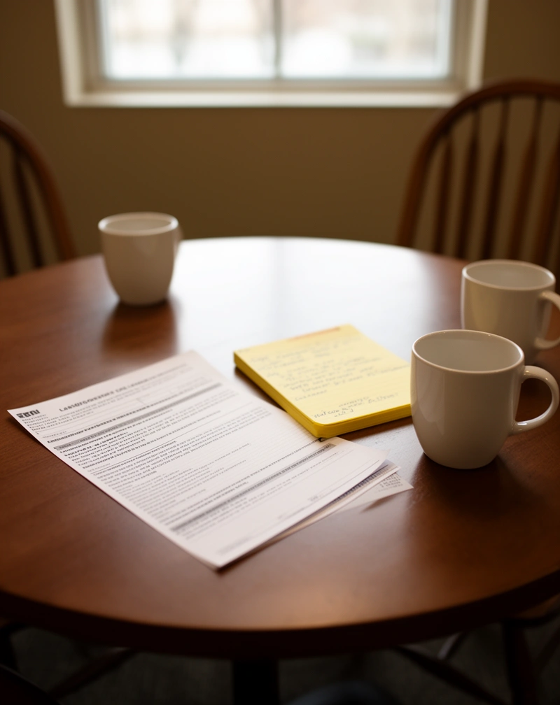 Meeting table with a lease, a notepad and two cups of coffee