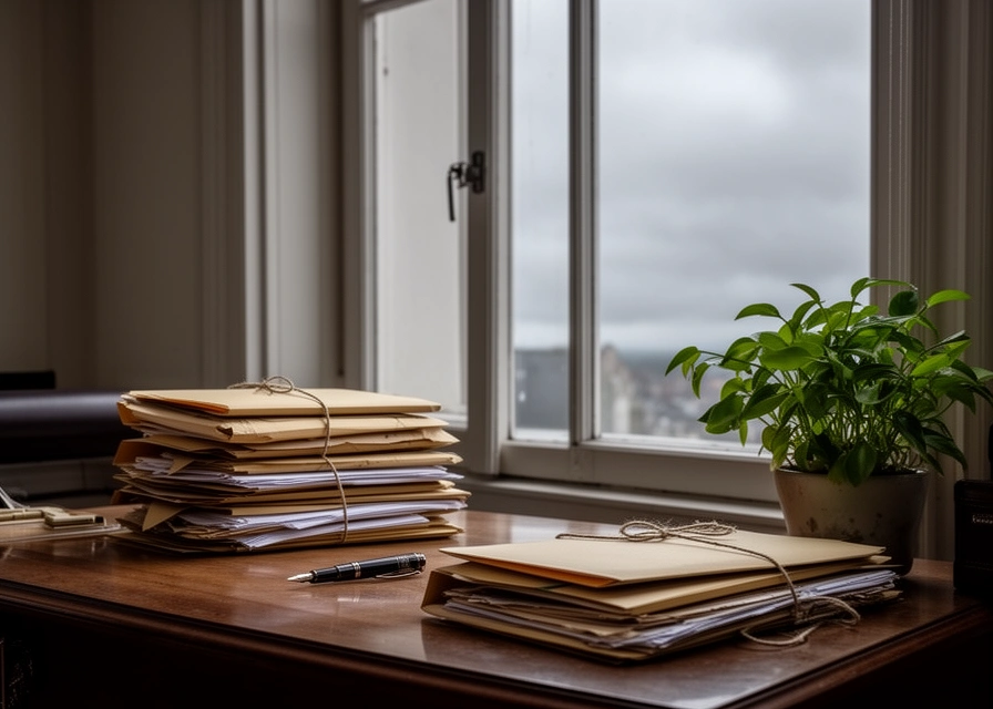 Desk with lease files by a window in a Leuven terraced house